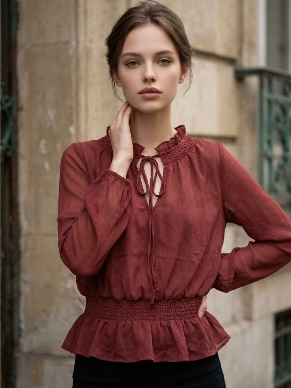Universal Thread Burgundy Tie-Neck Ruffled Hem Blouse